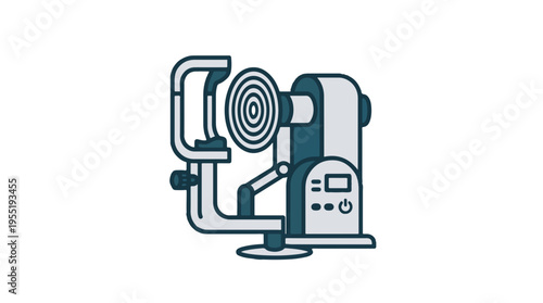 A simple, two-tone line art illustration of an autorefractor or ophthalmic eye examination machine with a chin rest, forehead support, and lens target.