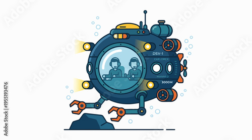An illustrated deep-sea submersible, DSV-1 Explorer, with two crew members inside, equipped with lights, robotic arms, and a propeller, investigating a rock underwater.