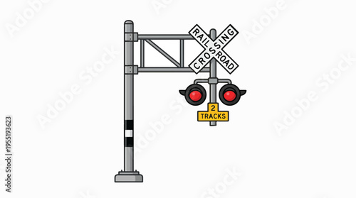 A cartoon illustration of a railroad crossing signal with red flashing lights, a 2 Tracks sign, and a crossbuck sign.