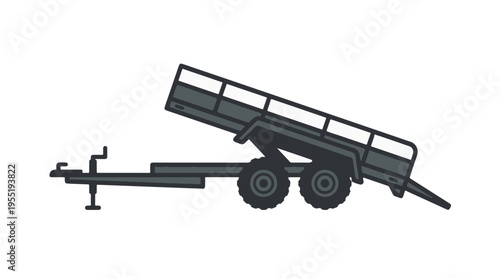 A gray, two-wheeled trailer with its bed tilted upwards, revealing a hydraulic lift mechanism. It has a hitch and is shown on a white background.