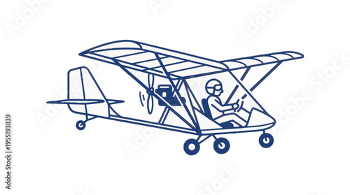 A simple line drawing shows a pilot in a helmet and goggles flying a small, open-cockpit ultralight aircraft with a propeller.