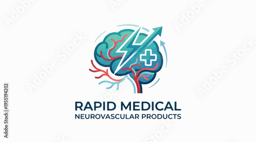 A logo for Rapid Medical featuring a stylized brain with blood vessels, a lightning bolt, a medical cross, and an upward arrow, with text 'NEUROVASCULAR PRODUCTS'.