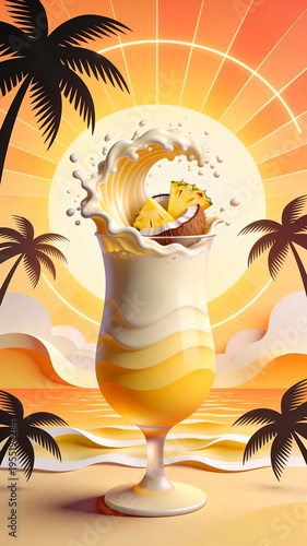 Tropical cocktail illustration featuring a creamy drink with pineapple slices and a wave splash, set against a vibrant sunset and palm trees in a beach scene