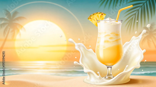 Tropical cocktail in a glass with a pineapple slice and straw, splashing in front of a sunset over the ocean, palm trees framing the scene on a sandy beach