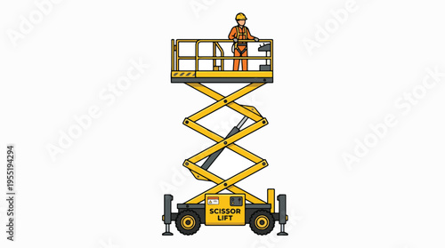 A construction worker in a hard hat and safety harness stands in the platform of a yellow scissor lift, elevated against a white background.