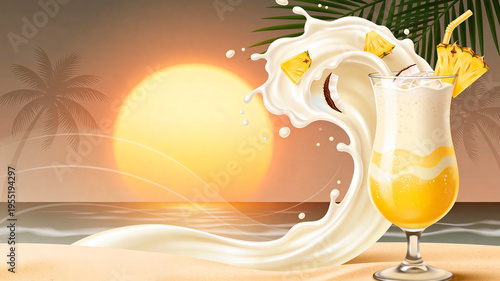 Tropical cocktail illustration with pineapple and coconut elements, creamy splash, and sunset background over a beach with palm trees and ocean waves