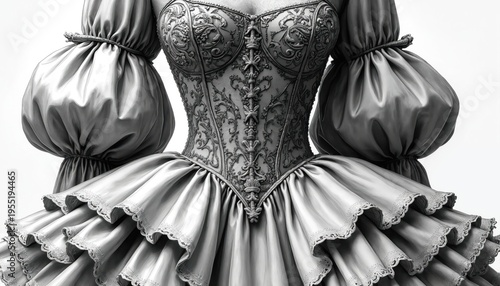Elaborate grey dress bodice with intricate patterns puffed sleeves and layered ruffled skirt. Detailed fabric texture and ornate design. Victorian garment.
