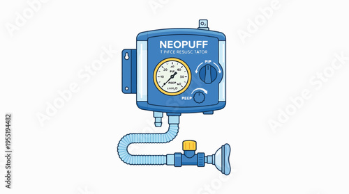 A NEOPUFF T-PIECE RESUSCITATOR, a medical device for infant resuscitation, with a pressure gauge, control knobs, and a flexible tube with mask.