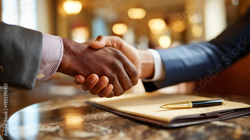 Close up of two hands in a decisive handshake over a bright polished marble table a gold pen and a leather bound agreement folder lying beneath the clasped hands luxury