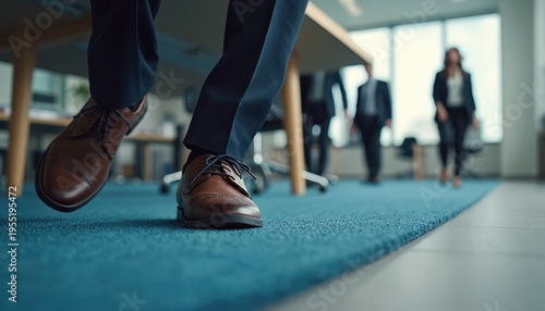 Man legs stumble on carpet edge in modern office space. Business professional loses balance near desk, creating awkward moment. Illustration shows workplace hazard potential for slips and falls.