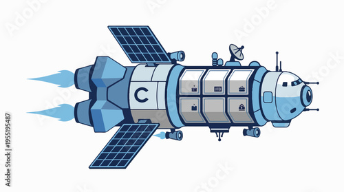 A blue and white cartoon spaceship with solar panels and exhaust flames, featuring a C logo and multiple compartments.