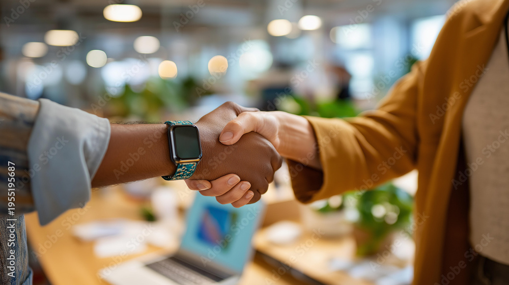 Obraz premium Close up of two hands meeting in a cheerful handshake at a bright open plan office desk cluster one hand with a fitness band and the other with a statement watch laptop screens