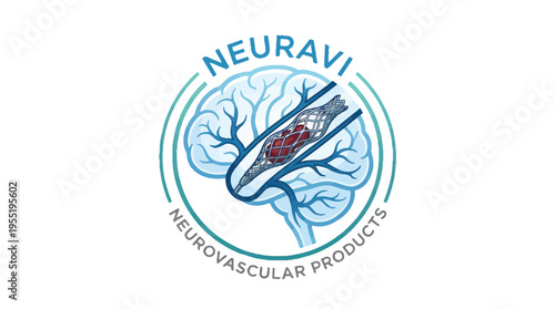 Logo for NeurAvi Neurovascular Products featuring a stylized brain with a stent deployed to treat a blockage within a blood vessel.
