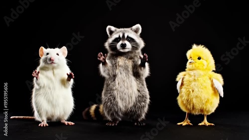 Adorable Trio of Animals Featuring a White Rat, Raccoon, and Yellow Chick Standing Together on a Black Background for Nature and Educational Content.
