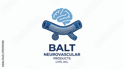 BALT Neurovascular Products logo featuring a stylized brain over a stent within a blood vessel, symbolizing medical devices for brain circulation and treatment.