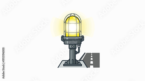 Illustration of a bright yellow, caged industrial light glowing on a grey stand next to runway-like markings. It serves as a beacon or warning signal.