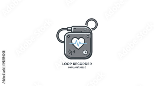Stylized illustration of an implantable loop recorder, a medical device for cardiac monitoring, featuring a heart with an ECG waveform and a wireless signal icon.