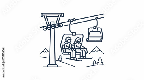 Outline illustration of two people riding a ski lift, with a tower, empty chair, mountains, and trees in the background, set against a white backdrop.