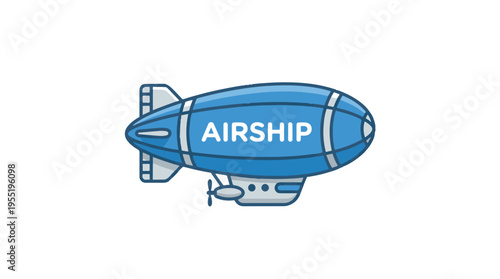 A cartoon blue airship with the word AIRSHIP written on its side, flying in a minimalist style on a white background.