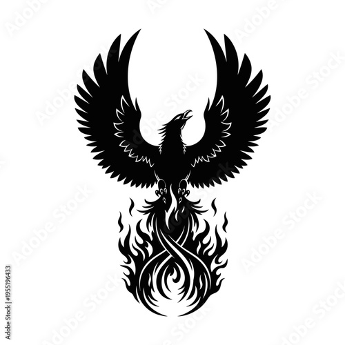 A majestic phoenix rises from the flames with wings spread wide in a powerful illustration.