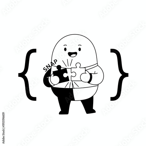 Cute Character Assembling Puzzle Pieces Together.