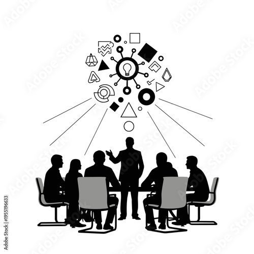 Business team discussing ideas around a table with a lightbulb