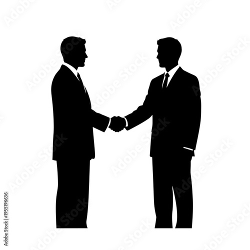 Two businessmen shake hands in a formal agreement on a white background illustration.