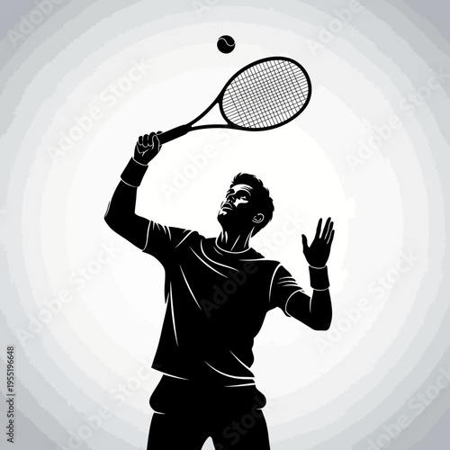 Man serves tennis ball with racket in hand on court