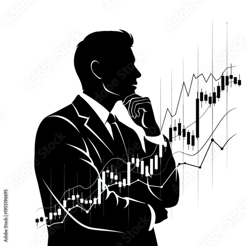 Businessman in suit analyzing stock market graphs and charts with thoughtful expression.
