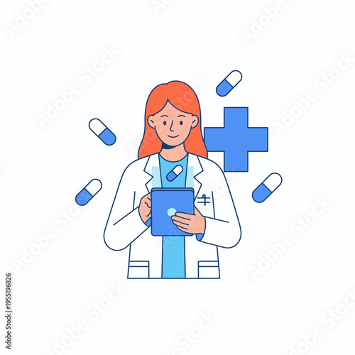 Doctor holding tablet surrounded by pills and medical cross.