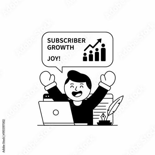 Excited person celebrating subscriber growth success with laptop.