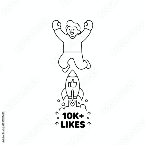 Happy Person Jumping Above Rocket with 10K Likes Symbol.