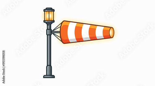A cartoon-style image shows an orange and white striped windsock on a lamp post with an illuminated lantern at the top.