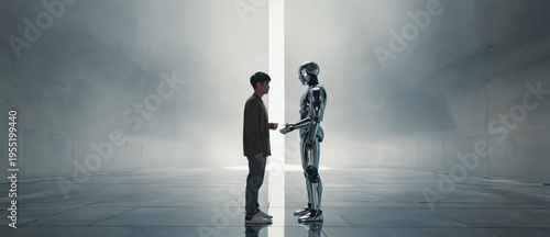 Human and humanoid robot interaction in minimal space, cinematic silhouette ultra wide 21:9 visual about artificial intelligence and future identity.
