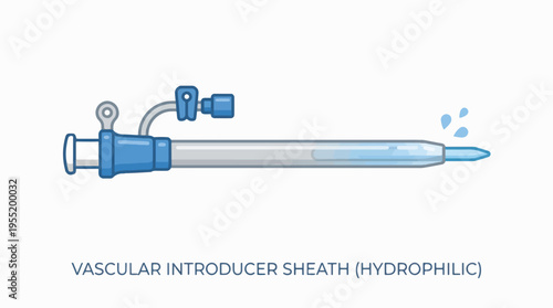 Illustration of a hydrophilic vascular introducer sheath with a needle tip and a port, showing water droplets indicating its hydrophilic property.