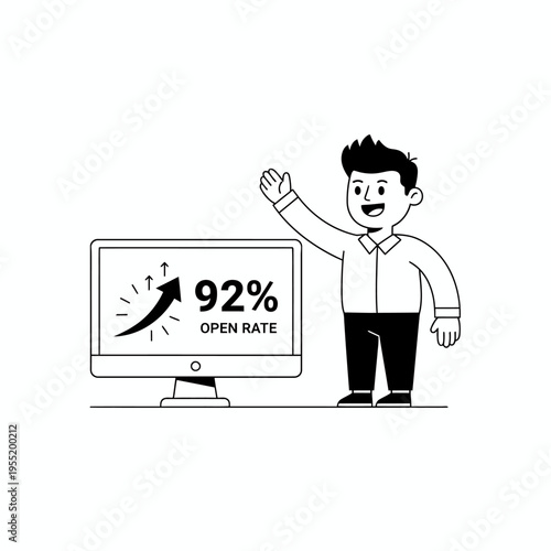 Man Celebrating High Open Rate on Computer Screen.