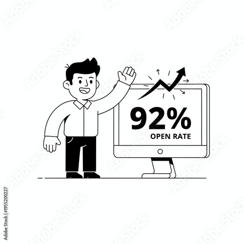 Man celebrating high open rate on computer screen.
