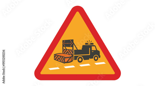 A yellow triangle warning sign with a red border depicts a tow truck with a flashing light and a traffic barrier on a white dotted line.