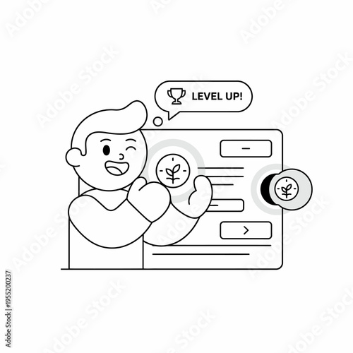 Man celebrating level up achievement in online game.