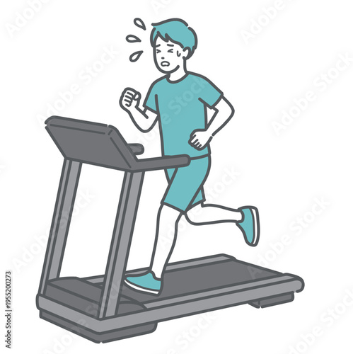 トレッドミルで汗をかいて一生懸命走る男性のイラスト