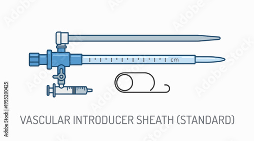 Illustration of a standard vascular introducer sheath with a syringe and a coil, highlighting its components for medical procedures.