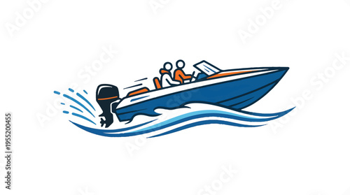 A stylized illustration of a blue and orange speedboat with two people on board, cutting through blue waves with white spray.