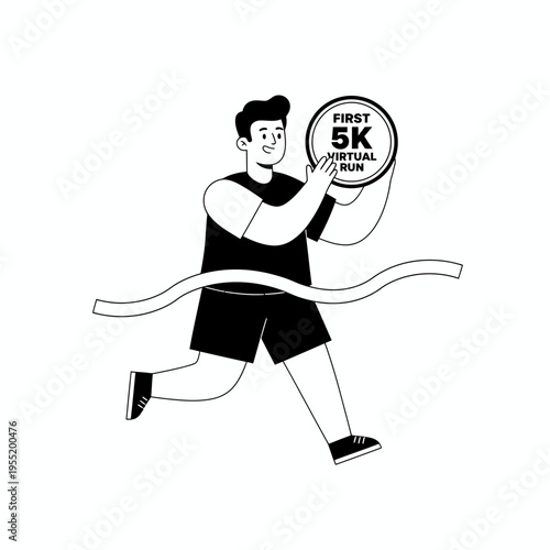 Man crossing finish line holding virtual run medal.