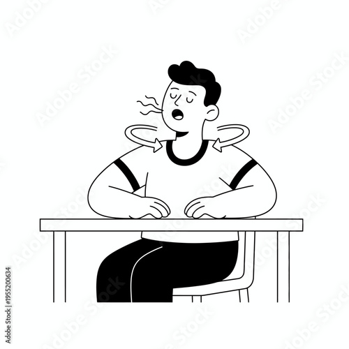 Man exhaling deeply while sitting at a desk.