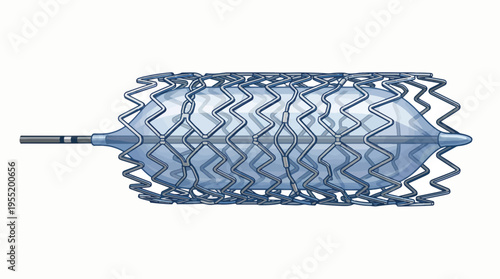 Medical illustration of a stent delivery system featuring a balloon catheter with an expandable stent.