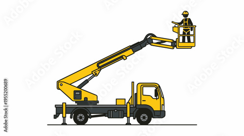 A yellow truck-mounted boom lift with a worker in a basket at the top of the extended arm.