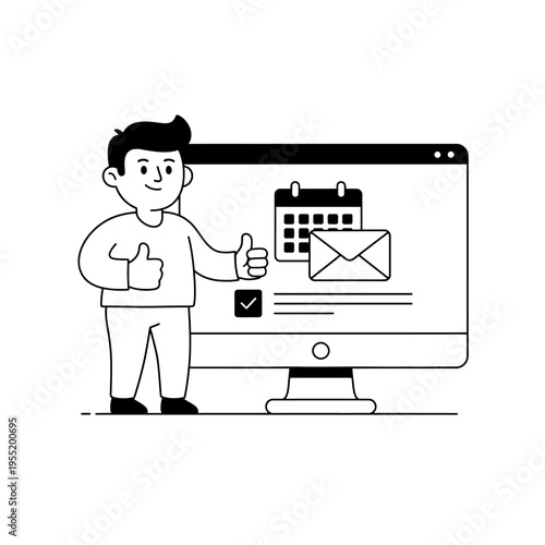 Man giving thumbs up next to computer screen with calendar and email icon.