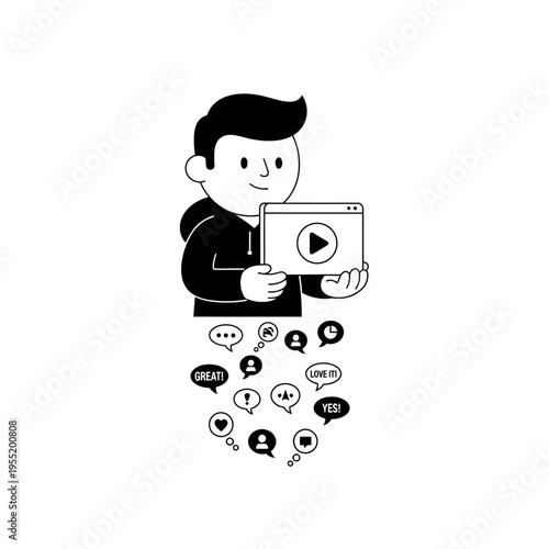 Man holding a video player with social media icons.