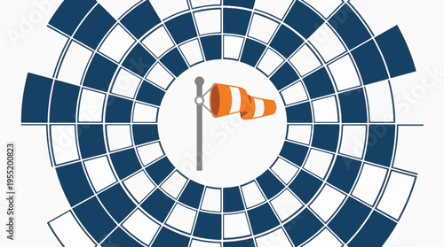 A windsock with orange and white stripes on a pole is centered within a concentric blue and white checkerboard grid, suggesting wind data visualization or weather monitoring.