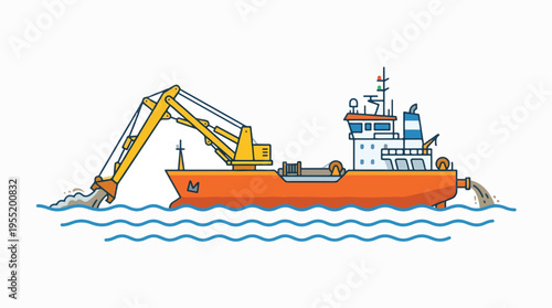 An orange dredging ship with a large arm scooping sediment from the water, leaving a trail of churned water and discharging material at the stern.